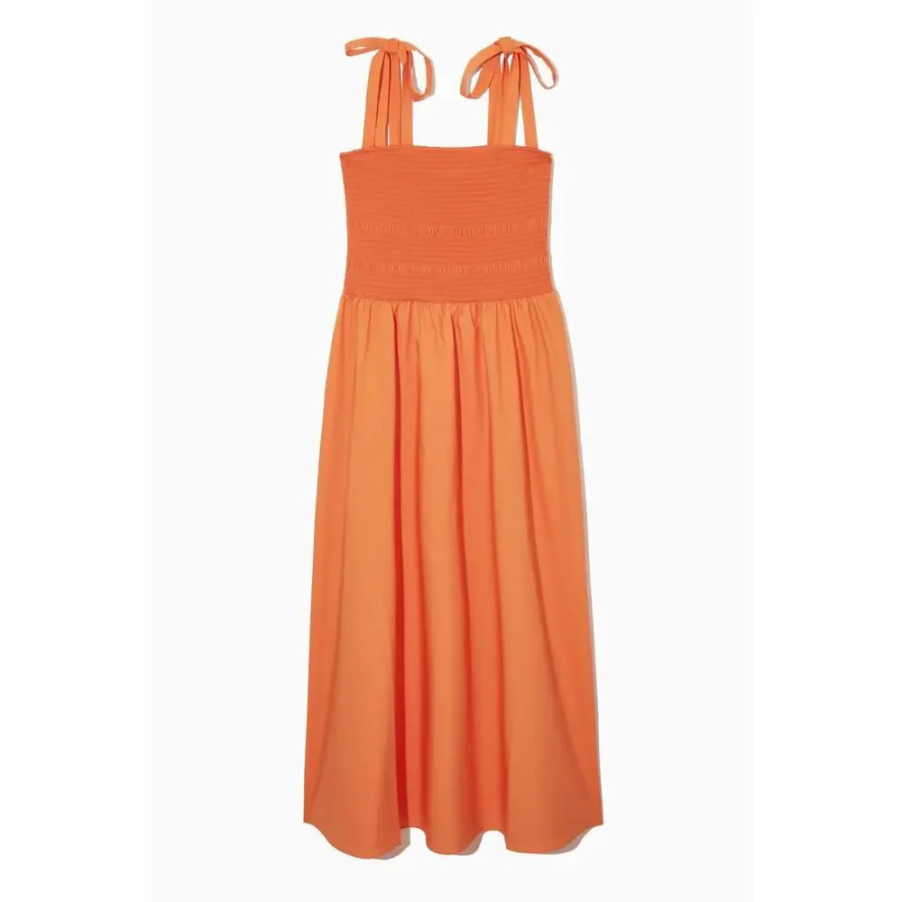 NWT COS Orange Cotton Maxi Dress Smocked Waist Tie Strap XS - Picture 4 of 15